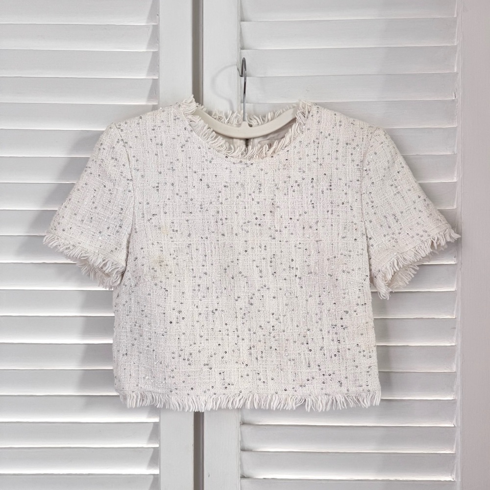 RARE Ted Baker White Tweed Crop Top Embellished with Silver Sequins & Gold Zip